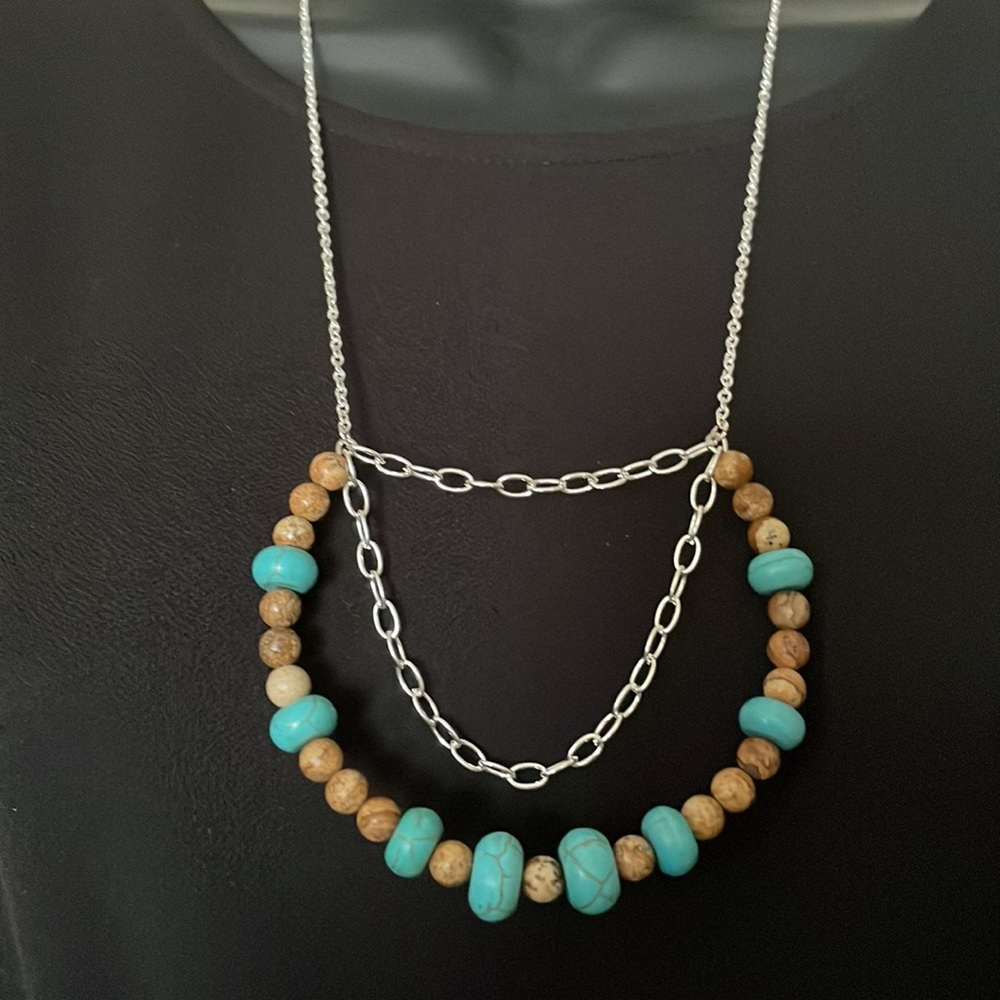 Turquoise and brown gemstone bib necklace